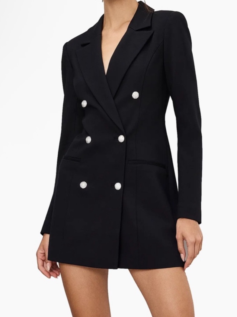 Good American Black Double-Breasted Blazer Dress With Crystal Buttons
